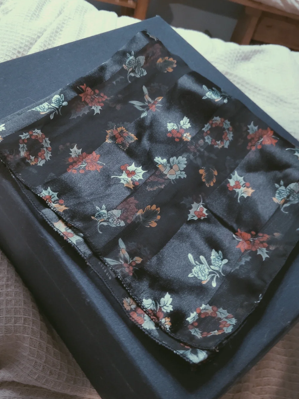 Holiday Polyester Sheer Scarf with Red Holly And Wreaths Classic Festive Cheer